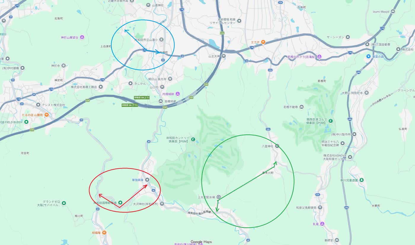 岸和田周辺の赤、緑、青の3つのワープルートを示した地図